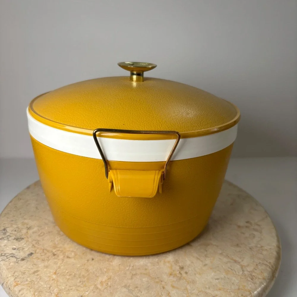 Vintage Ice Bucket Mustard Yellow Faux Leather Vinyl Insulated Mid Century Retro